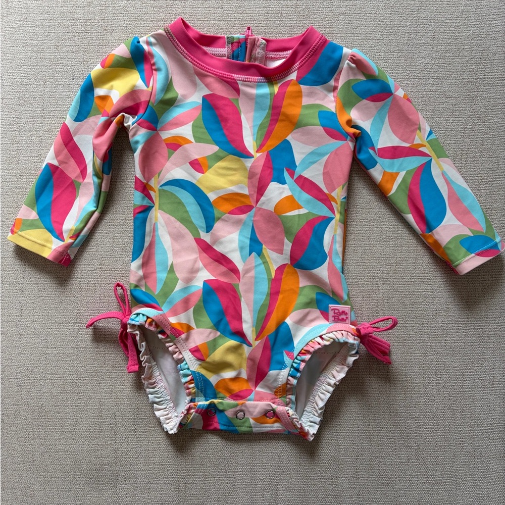 Ruffle Butts Pink-Trim Multicolor Stripe Toddler Swimsuit 6-12 Months